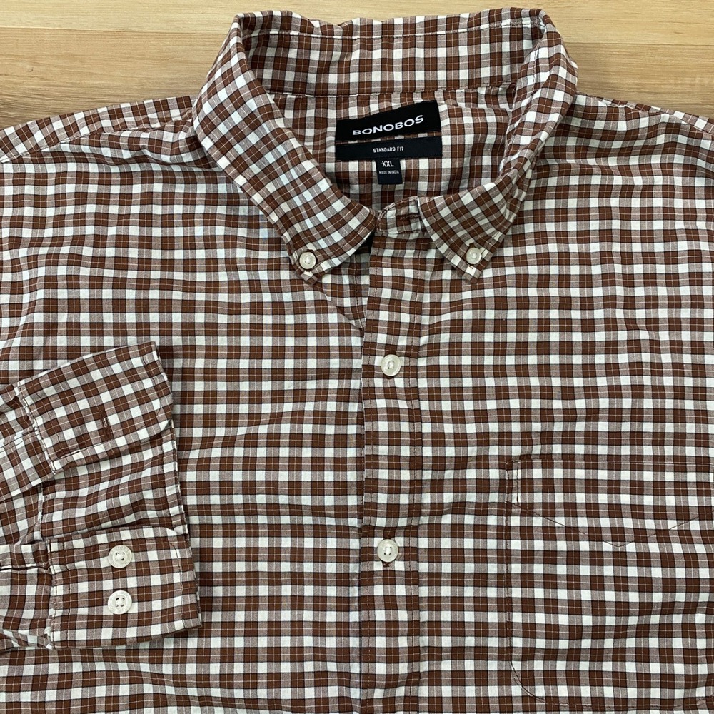 Bonobos Button Down Shirt XXL Gingham Cotton Stretch Standard Fit Brown White